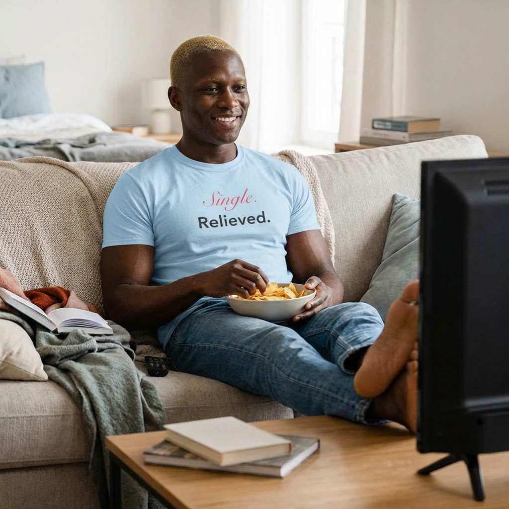 "Single. Relieved." T-Shirt - Image 2